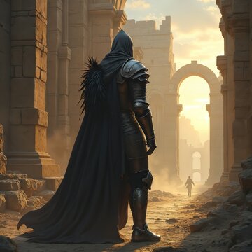 Dark knight warrior stands in ruined ancient city. Lone figure walks away in hazy sunset light. Epic fantasy scene evokes solitude, final moments of battle. Armored person wears long cloak, hood.