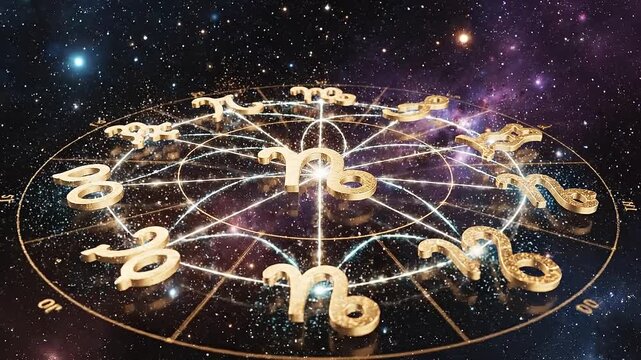 Astrology Zodiac Wheel with Golden Symbols in Cosmic Starry Night Sky.