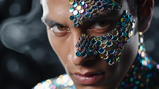masculine person with applied iridescent blue and gold sequins covering half the face, focusing on the intense eyes and artistic makeup, high-fashion, abstract beauty and vibrant style