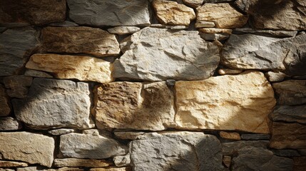 Fototapeta premium Natural stone wall texture with various sizes of rocks, revealing a rustic and earthy appearance suitable for backgrounds or architectural designs