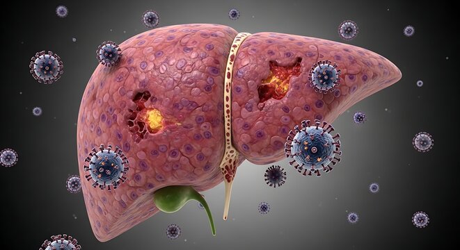 An illustration of a diseased liver under attack by viruses, depicting damage and infection within the organ