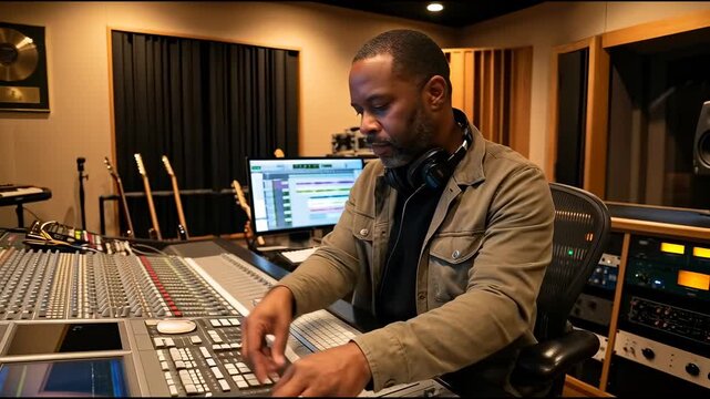 Male music producer wearing headphones creating and mixing audio at a professional sound console in a recording studio, surrounded by advanced equipment