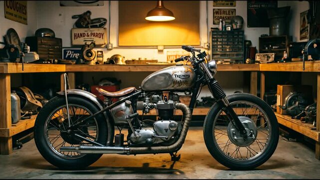Custom built vintage motorcycle with a raw metal tank and leather seat, parked in a cluttered workshop with tools and classic signs, ready for the next ride or adjustment
