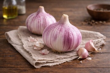 Fresh red onions on rustic cloth background