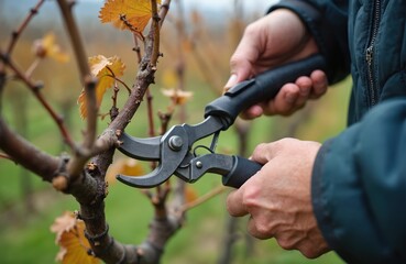 Fototapeta premium Grape grower trims grapevine branches with steel pruning shears. Man works in vineyard during winter care. Traditional agriculture and viticulture practices.