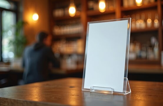 Blank menu holder on bar table in cafe with blurred person at counter. Acrylic stand for prices or specials offers. Modern restaurant interior display.