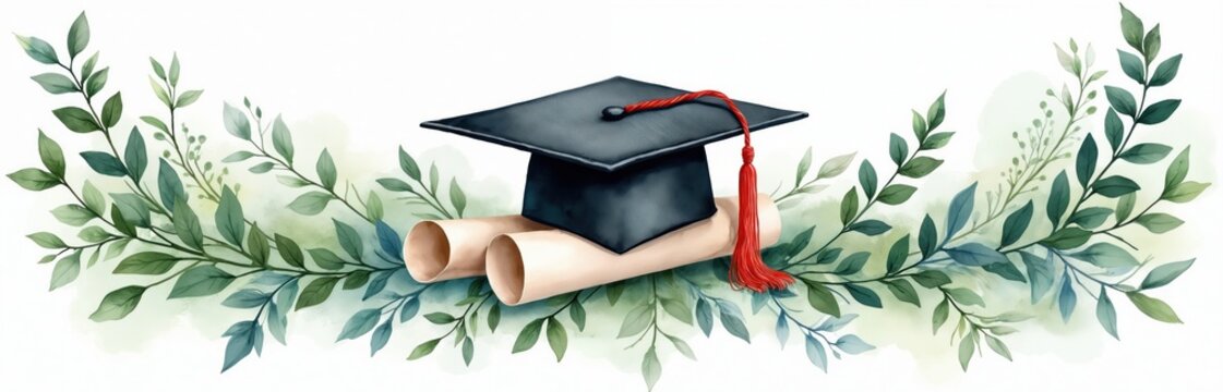 Watercolor art shows graduation cap on diploma scrolls. Green branches frame the academic symbol. This image represents achievement, education, and new beginnings.