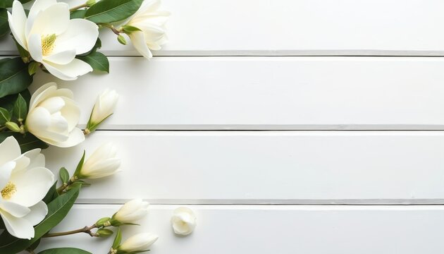 White magnolia flowers with green leaves arranged on white wooden planks. Spring floral background for decoration or invitations. Delicate blossom arrangement.