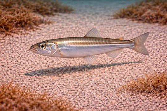 Small silver fish swimming above sandy seabed (wakasagi)