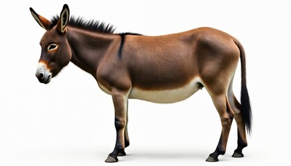 Obraz premium Khaki donkey stands profile view. Brown mammal has black mane and tail. White background isolates animal. This equine farm creature is herbivore. Donkey shows half face.