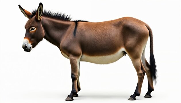 Khaki donkey stands profile view. Brown mammal has black mane and tail. White background isolates animal. This equine farm creature is herbivore. Donkey shows half face.