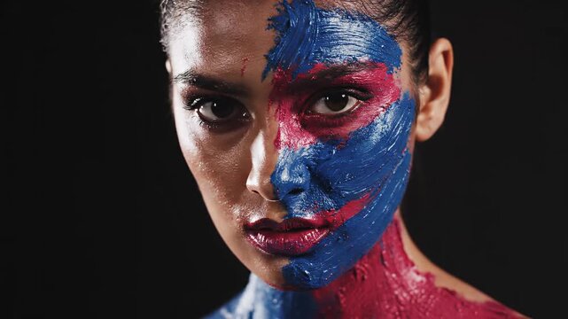 portrait of a woman with bold, textured red and blue body paint covering half her face and neck, conveying intense artistic expression, fashion, and abstract emotion against a dark background.