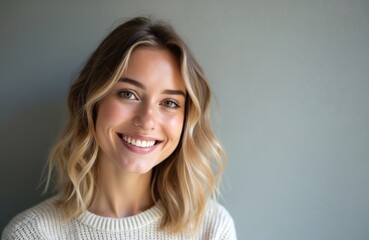 Naklejka premium Young woman with wavy blond hair smiles warmly. She wears a white sweater and poses indoors with copy space. Her expression is cheerful and friendly, conveying happiness and confidence.