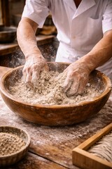Fototapeta premium Hands mixing flour in wooden bowl