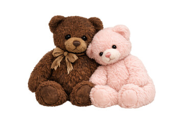 Obraz premium Brown and pink teddy bear couple embracing, symbolizing love, friendship, togetherness, and childhood comfort on transparent background