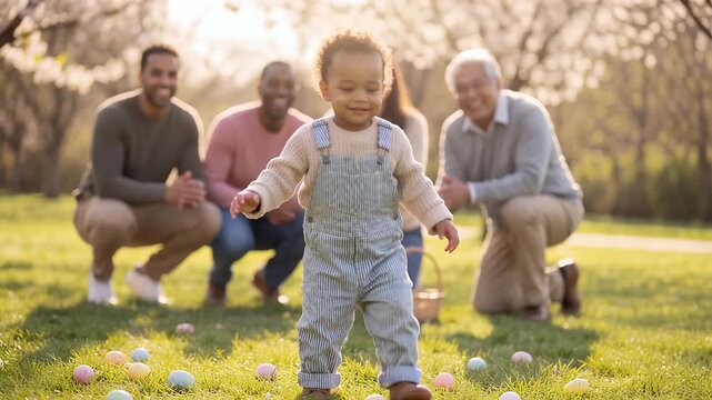 A multi-generational family enjoys an outdoor Easter egg hunt with a baby in a sunny park.