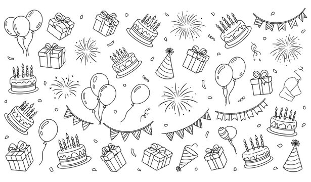 Hand Drawn Birthday Party Doodle Set Celebration Cake Balloon Outline Vector Clipart