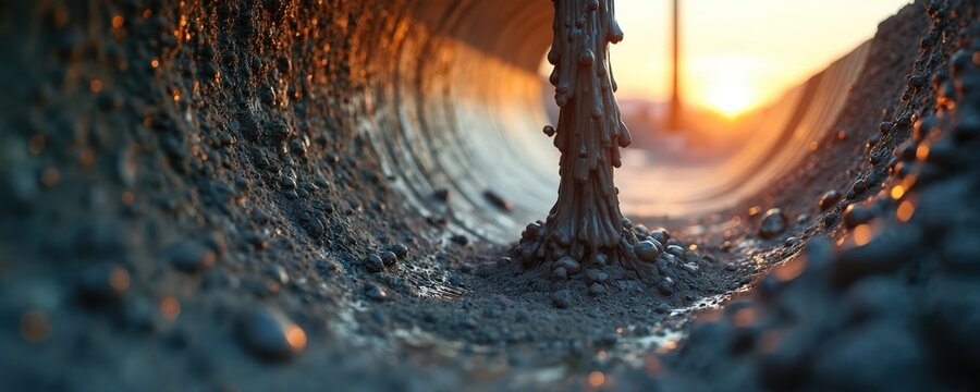 Wet concrete flows down a chute at a construction site. Building foundation work starts at sunset. Industrial material creates a rough texture. New structure development.