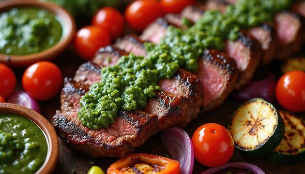 Sliced juicy steak with green chimichurri sauce sits on wooden board with tomatoes, grilled zucchini, and red onion slices. Traditional argentine barbecue preparation.
