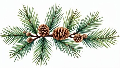 Watercolor pine branch with cones. Evergreen foliage for festive designs. Natural decoration for holiday cards. Natural element for winter themes.
