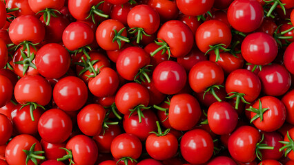 Full frame background of glossy cherry tomatoes forming a dense red food texture. Ideal for culinary design, food advertising and healthy eating concepts.