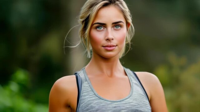 Serene Portrait: A young, athletic woman, radiates confidence, health, and a positive outlook, as she is a true vision of natural beauty and an embodiment of healthy living and fitness.