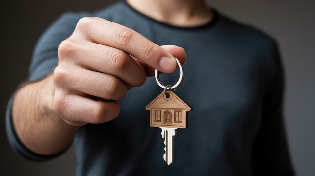 Hand holding a house key with a wooden house shaped keychain new home ownership and real estate