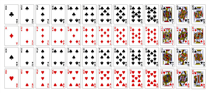 Poker set with isolated cards. Poker playing cards, full deck. Vector 10 eps.