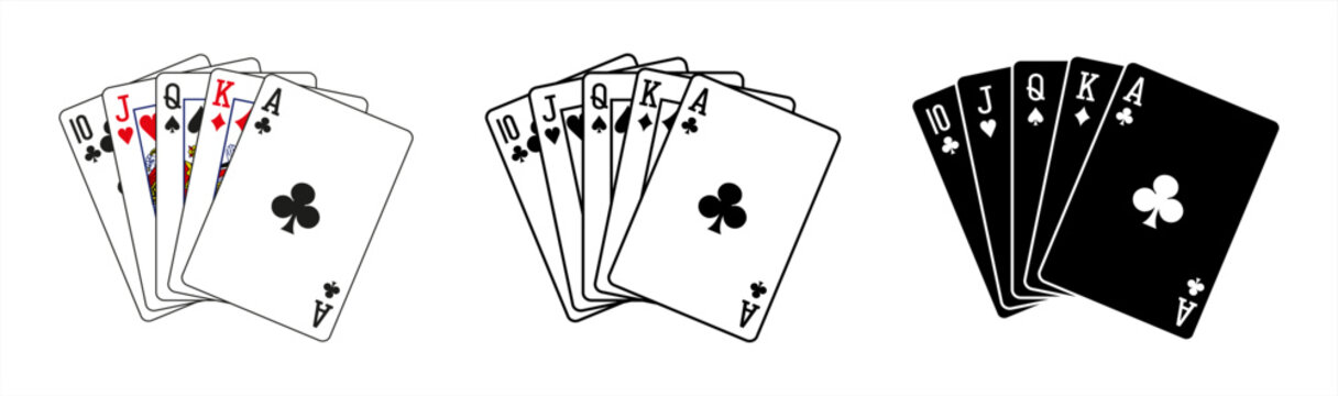 Set of playing card vector icons. Gambling game. Four card real, black, outline icons.