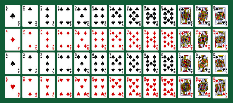 Poker set with isolated cards. Poker playing cards, full deck. Vector 10 eps.