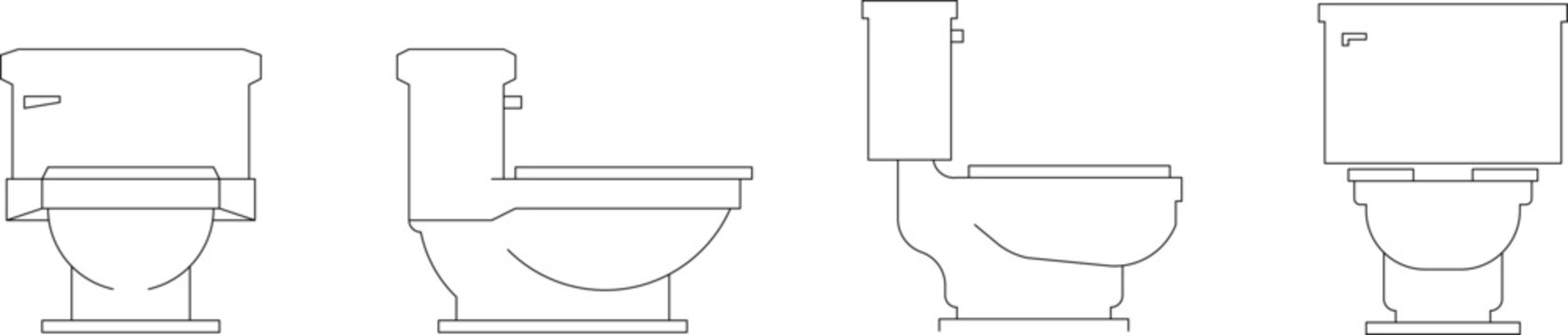Technical vector illustration of toilet elevations from a side view, featuring various water closet designs with tanks and plumbing profiles.