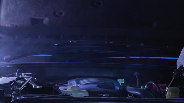 Mechanics are cleaning the engine compartment for maintenance. Filmed in a studio with a digital camera and video edited by a contributor. Slow motion video.