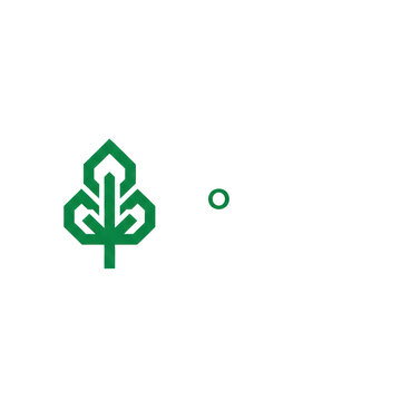 professional emerald green vector logo of a stylized geometric tree icon with bold "eco friendly" text, isolated on transparent background. concept of environmental certification