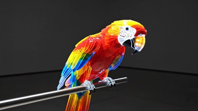 Colorful Parrot Perched on a Rod with Wings Spread in a Dark Studio.