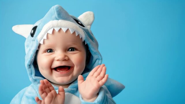 Smiling Baby Shark: A charming infant, dressed in a playful shark costume, beams with contagious joy, clapping with glee against a vibrant backdrop.