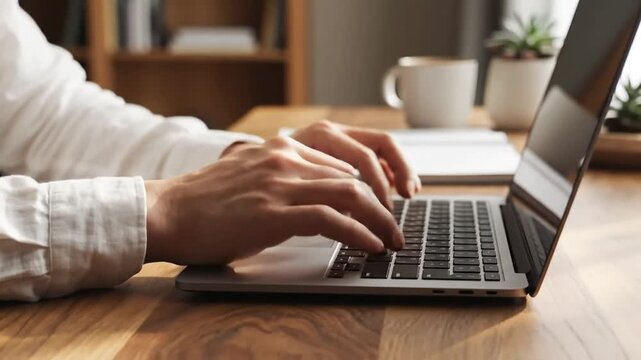 Focused professional typing on a laptop at a modern desk in a home office setting showcasing productivity and remote work lifestyle with warm lighting