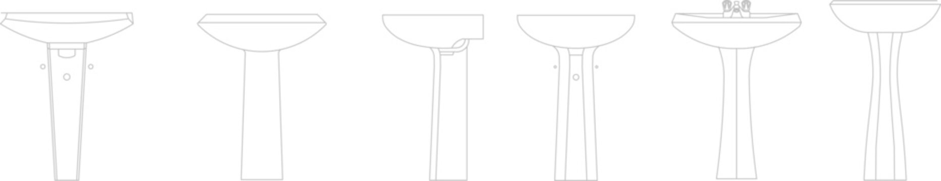 Technical vector illustration of various pedestal sink elevations, featuring classic ceramic basins with elegant stand supports and taps.