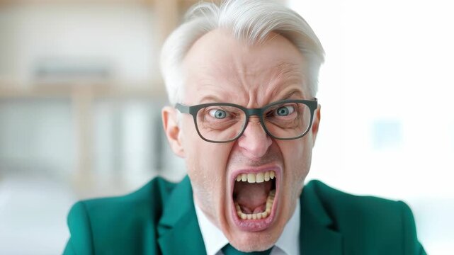 Furious Expression: A close-up shot of an elderly man with gray hair, wearing glasses, expressing intense anger.