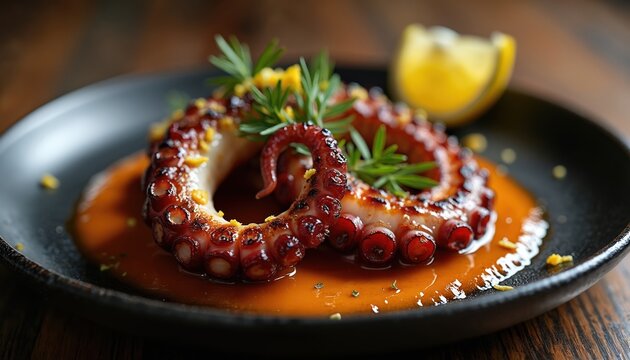 Grilled octopus tentacles curl on dark plate with orange sauce and lemon slice garnish. Rosemary sprigs add fresh green herbs. Delicious seafood appetizer.