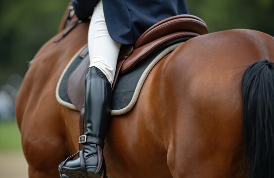 Bay horse with rider wearing white breeches and black boots. Close-up on saddle and rider leg during equestrian competition or training session.