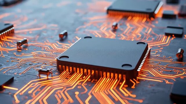 Circuit Board Close-Up: An intricate circuit board with glowing orange pathways, showcasing the complex technology and data processing capabilities.