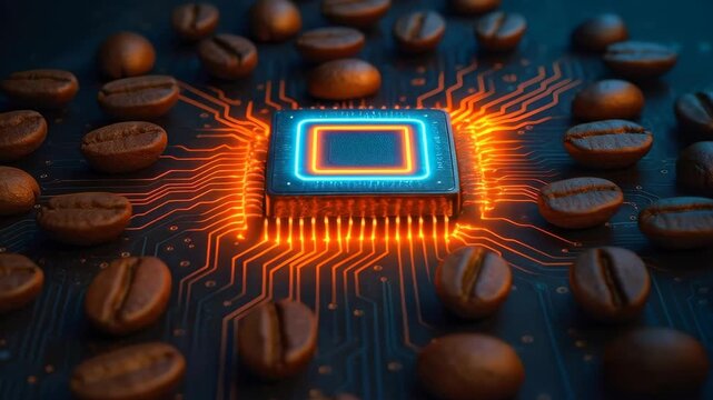 Digital Brew: An artistic composition of coffee beans intertwined with a glowing circuit board, where technology and the essence of coffee converge in a striking and imaginative fusion.