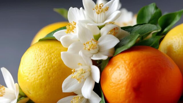 Citrus Bloom: A vibrant composition of fresh citrus fruits and delicate jasmine flowers, capturing the essence of spring and summer, freshness, and the zest for life.