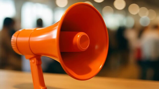 Megaphone on Podium: A vibrant orange megaphone sits poised on a wooden podium, ready to amplify the voice and ideas within a bustling interior space. 