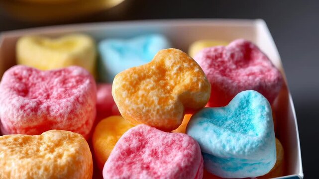 Candy Hearts: An assortment of colorful candy hearts of varied colors are arranged inside of a box, representing an array of sweet emotions and sentiments.