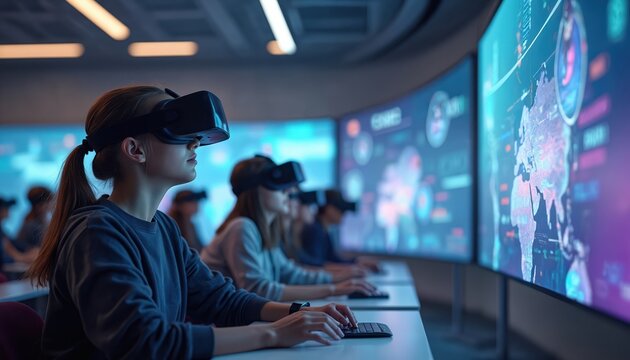 Students use VR headsets in modern classroom. Young people learn with virtual reality tech. Futuristic digital education and computer training programs.
