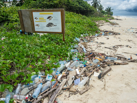 white sand beach polluted with plastic bottles and trash