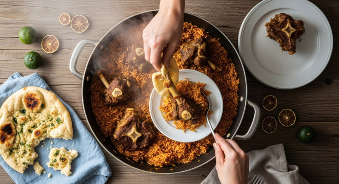 Kabsa Rice Traditional Goat Meat Served On Rustic Farmhouse Table