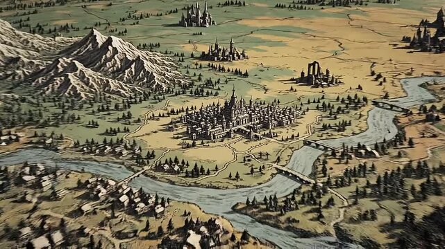 Detailed Top-Down View of a Fantasy City and Surrounding Landscape.