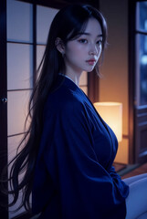 A woman in a deep blue robe stands indoors, illuminated by soft lighting from a table lamp, her dark hair flowing freely.